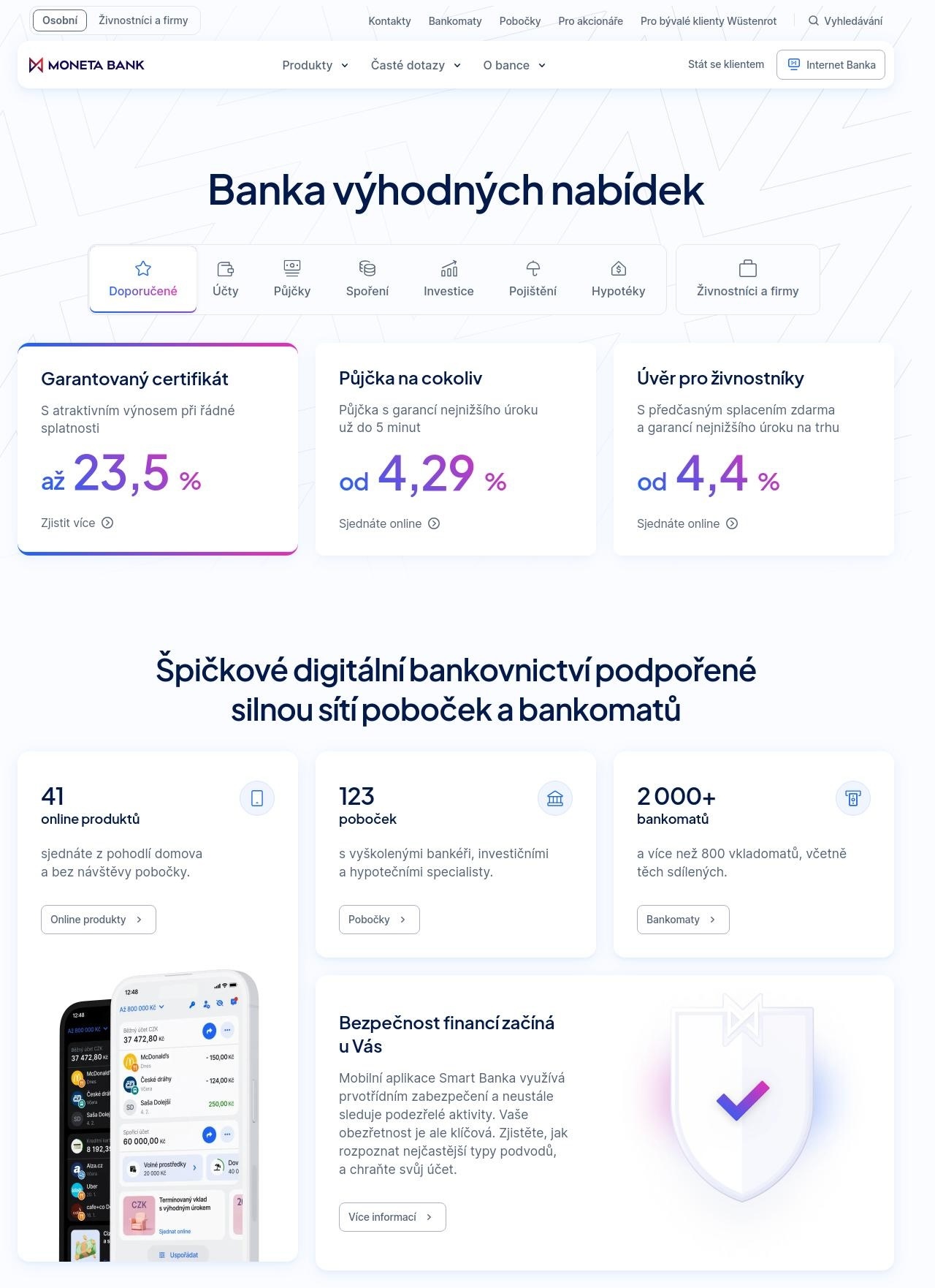 Moneta.cz — redesignovaná úvodní stránka portálu na desktopu